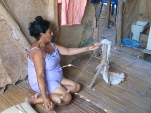 Trinidad spins cotton using a hand-held spindle and with whorl and a three-legged distaff to retain the yarn